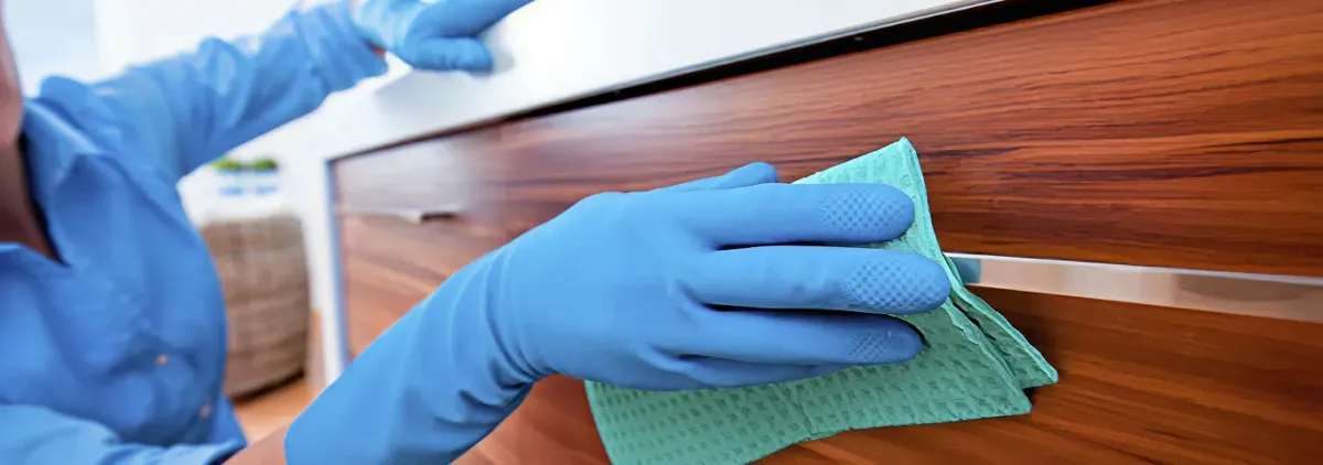 Cleaner wearing blue gloves wiping a wooden cabinet drawer with a microfiber cloth for dust and grime removal, Jersey City, NJ.